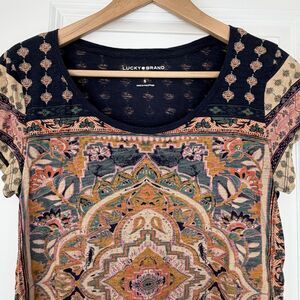 Lucky Brand Women's Small Multicolor Boho Paisley Lightweight‎ Round-Neck Blouse